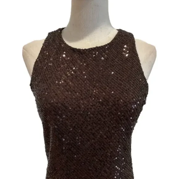 Y2K BROWN SEQUIN MAXI DRESS W KEYHOLE BACK GLAMOROUS GOWN MINIMALIST STYLE M - Picture 8 of 12